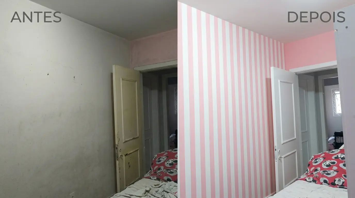 Antes e depois da renovação de um quarto com pintura decorativa rosa e branca