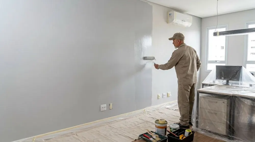 Pintor trabalhando em ambiente comercial protegido