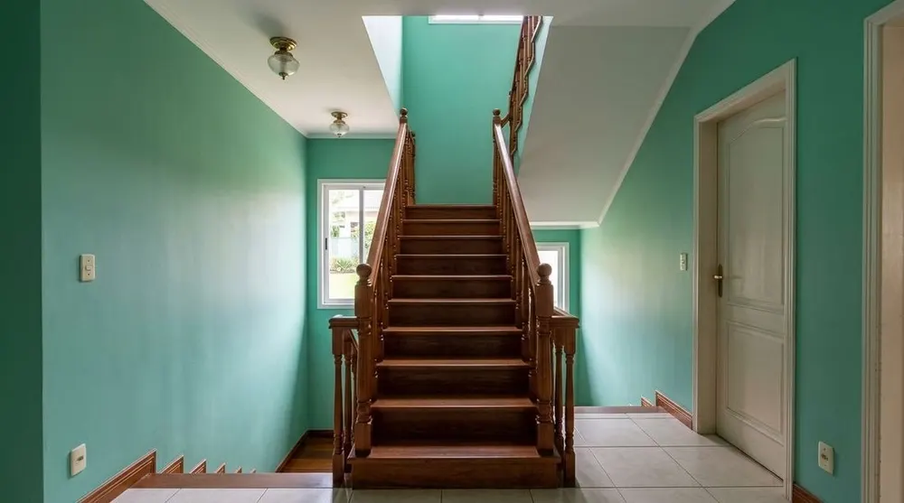 Hall e escada depois da pintura verde