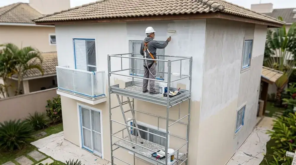 Pintor trabalhando na fachada de um sobrado